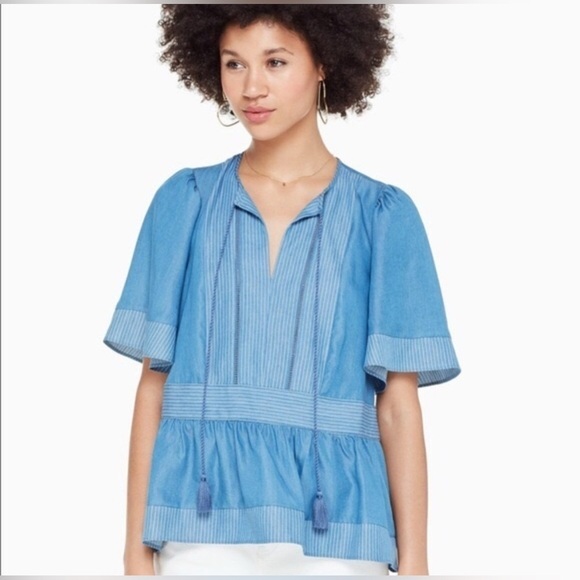 Kate Spade Chambray Indigo Striped Tassel Blouse Size Small - Picture 1 of 6